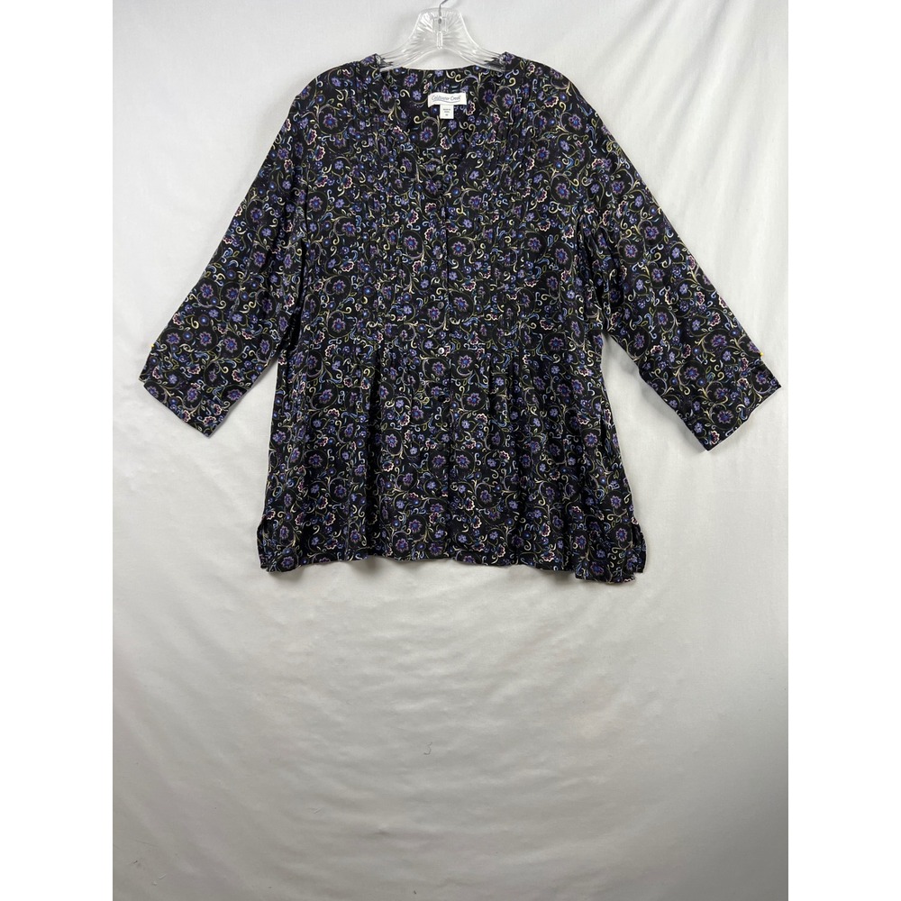Coldwater Creek Blouse Womens 1X Black Floral Rayon Babydoll 3/4 Sleeve Top